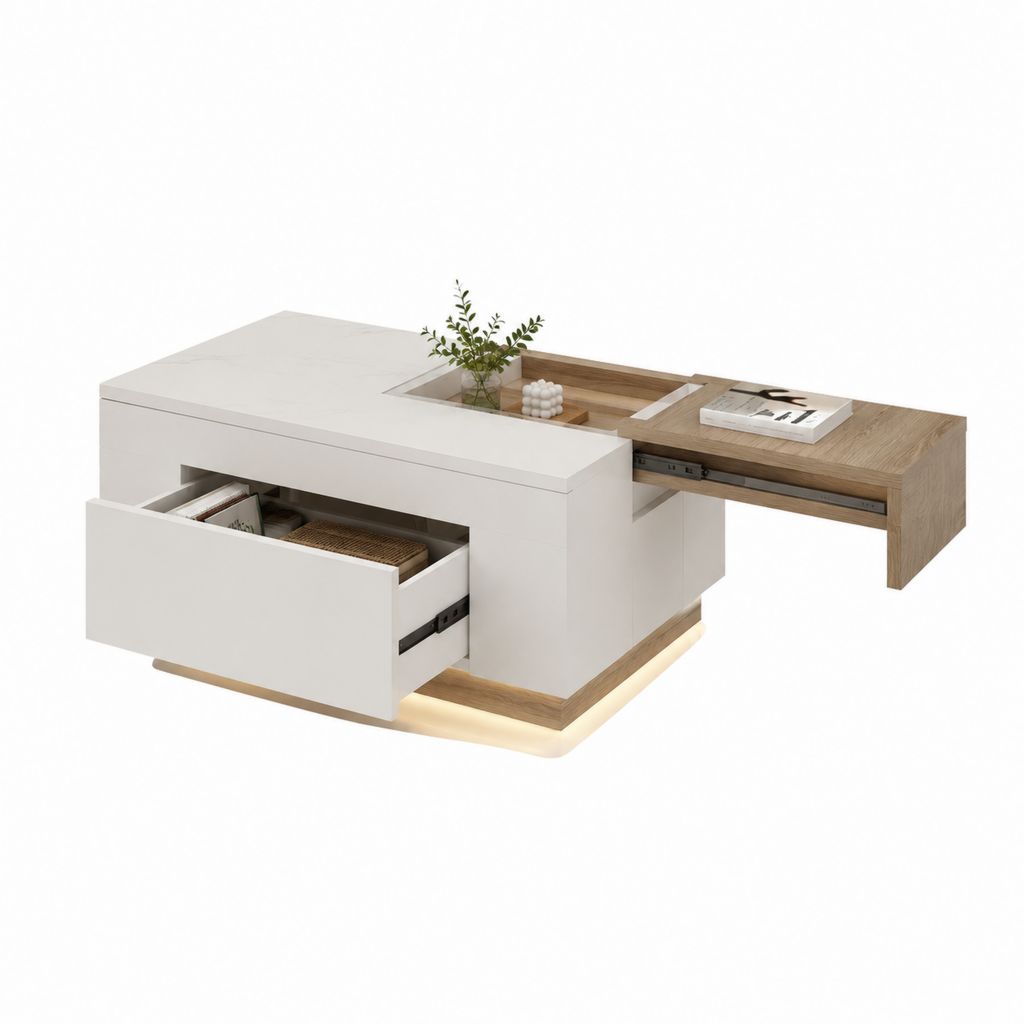 Table basse extensible blanche et chêne avec tiroir rangement et plateau coulissant 120-160 x 60 x 42 cm