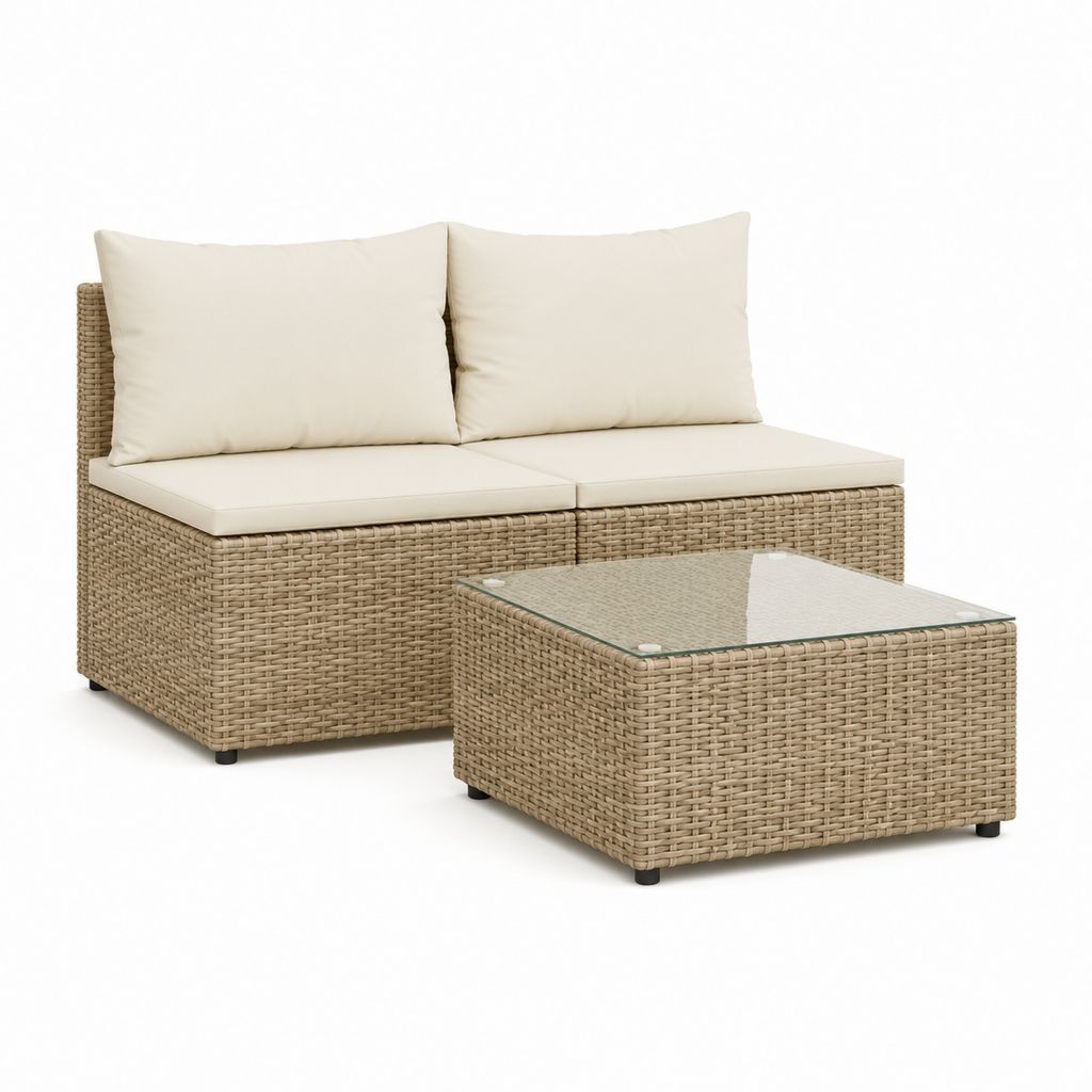 Salon de jardin 3 pièces beige en résine tressée PE avec coussins et table basse 140 x 70 x 65 cm