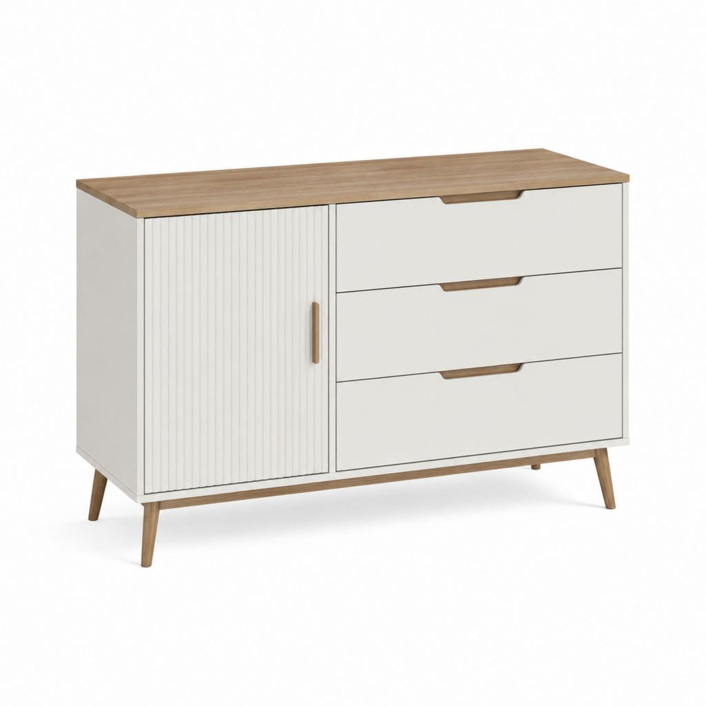 Commode basse rectangulaire 3 tiroirs 1 porte blanche en panneaux MDF décor chêne 120 x 40 x 80 cm