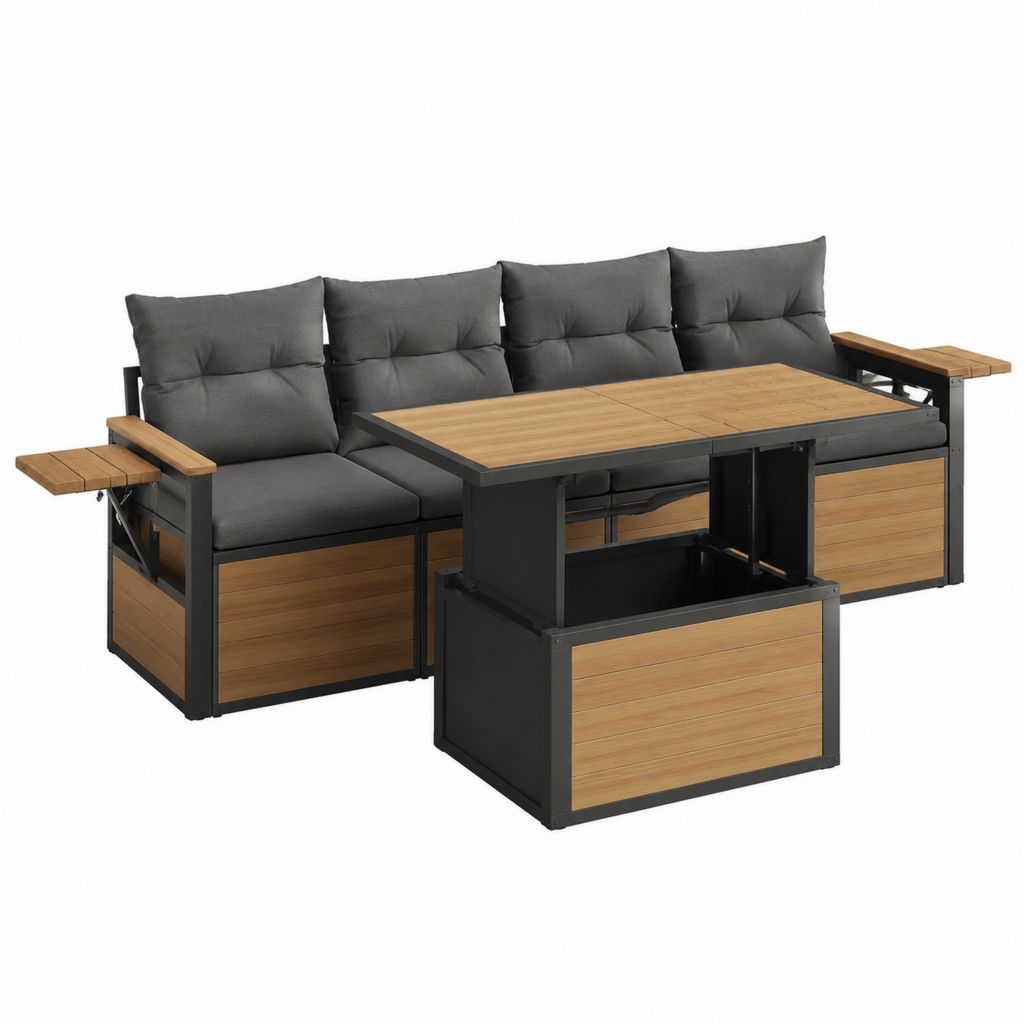 Salon de jardin 4 places gris anthracite en aluminium et WPC avec table relevable 250 x 75 x 70 cm