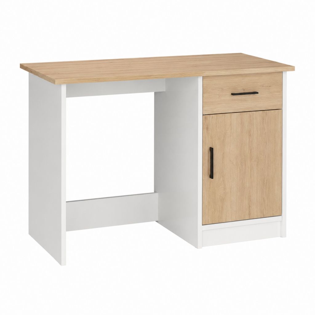 Bureau droit avec tiroir et placard blanc et chêne 100 x 50 x 75 cm