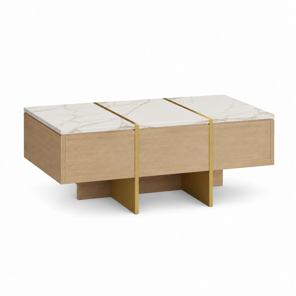 Table basse avec rangement blanc chêne clair et doré en MDF plaqué chêne et céramique rectangulaire 120 x 60 x 40 cm
