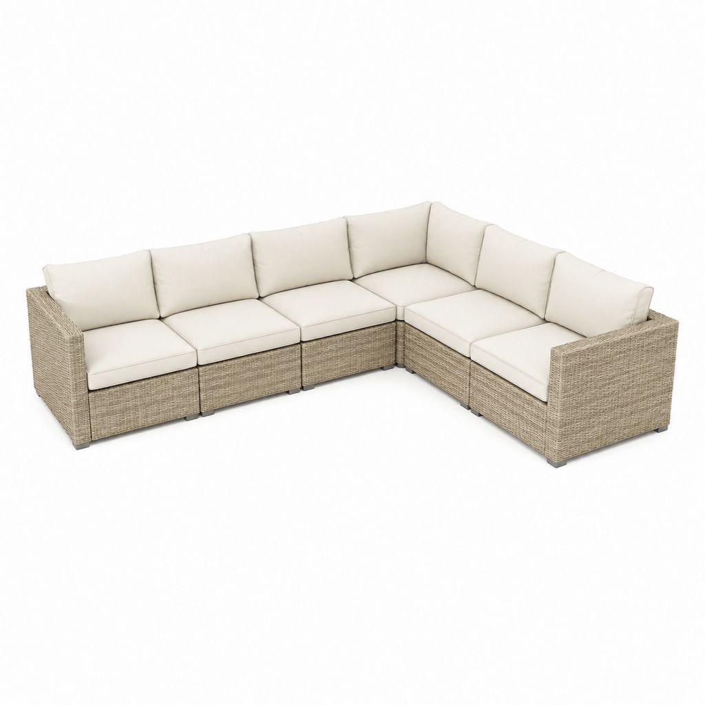 Salon de jardin d’angle 6 places beige en résine tressée PE avec coussins 300 x 230 x 85 cm
