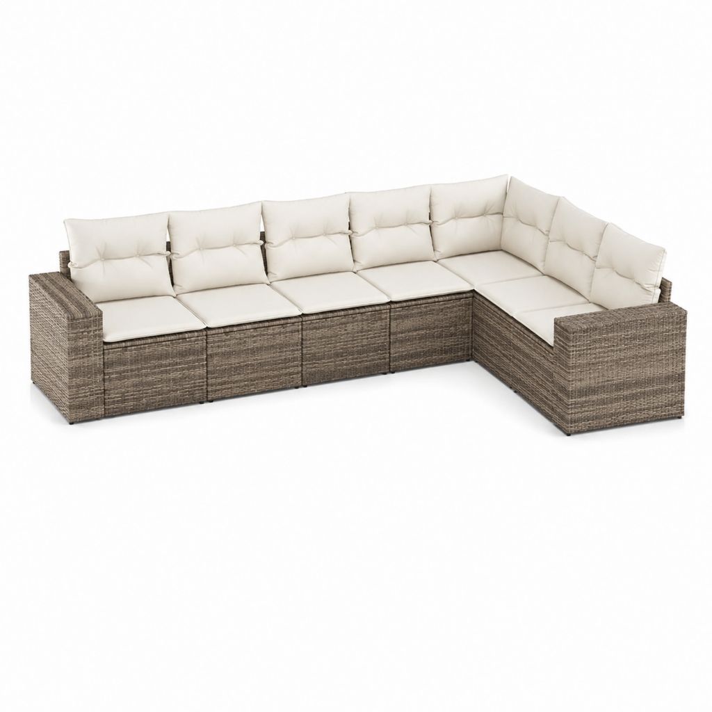 Canapé de jardin d'angle 6 places beige et gris en rotin synthétique PE 280 x 210 x 65 cm