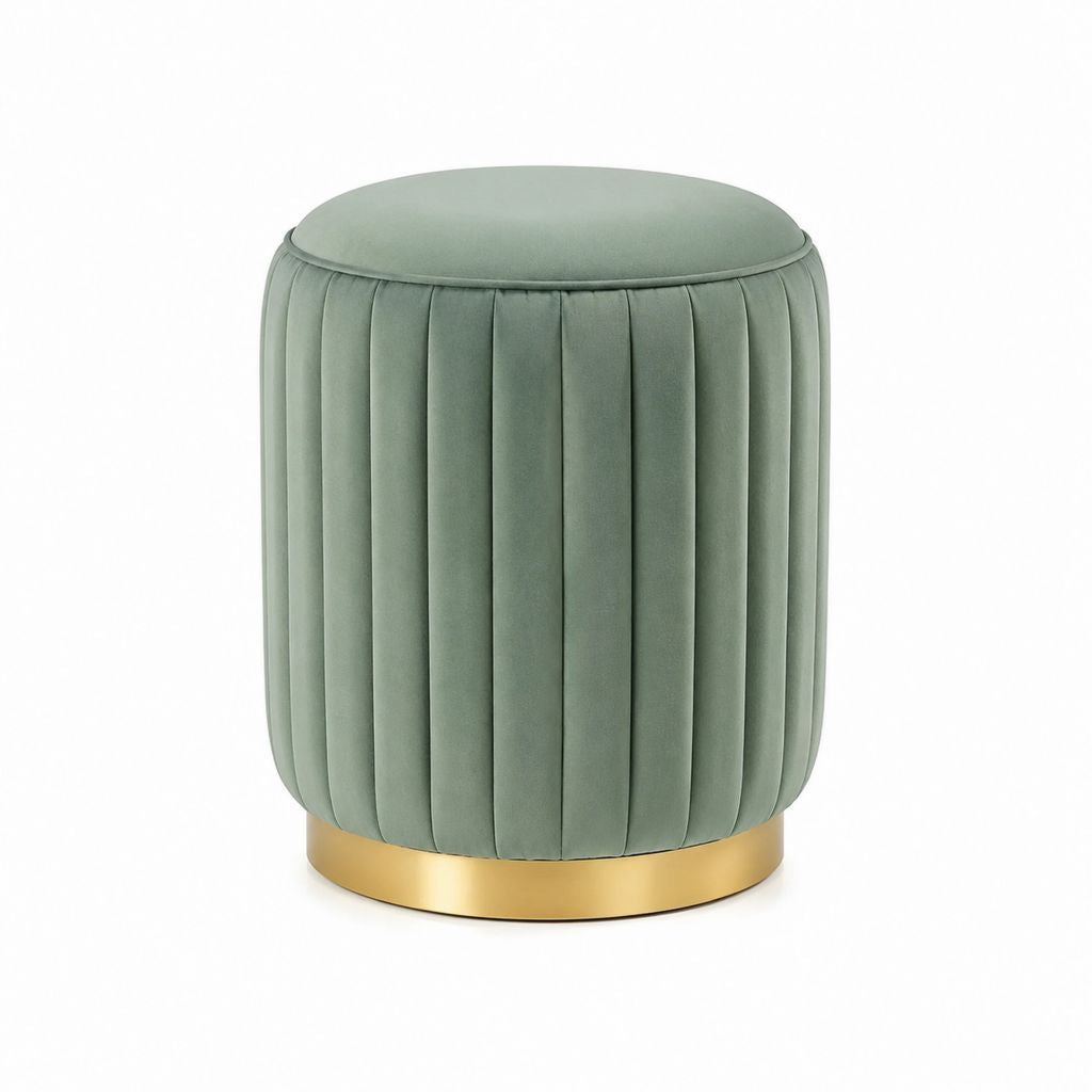 Pouf repose-pieds rond vert sauge en velours de polyester avec base en acier 40 x 40 x 45 cm