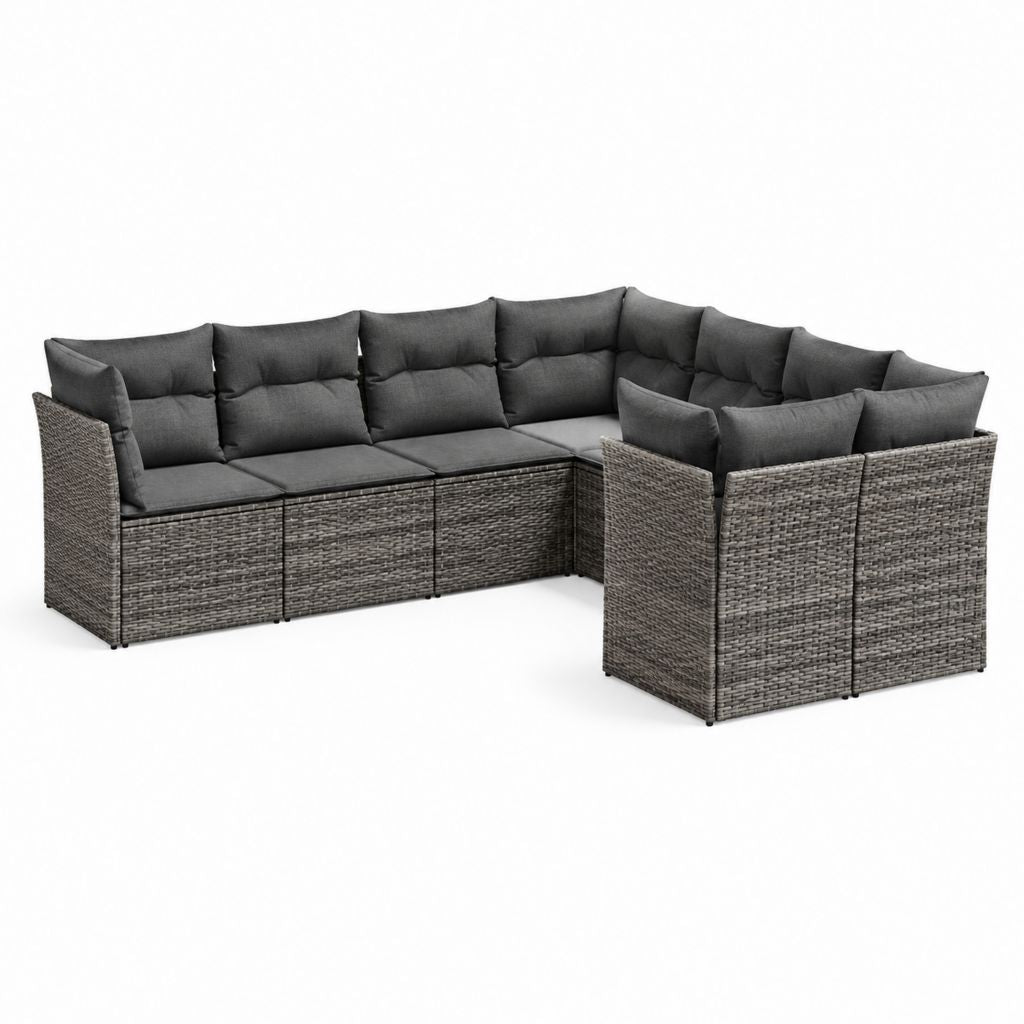 Salon de jardin d’angle 6 places gris en rotin PE avec coussins 280 x 210 x 65 cm