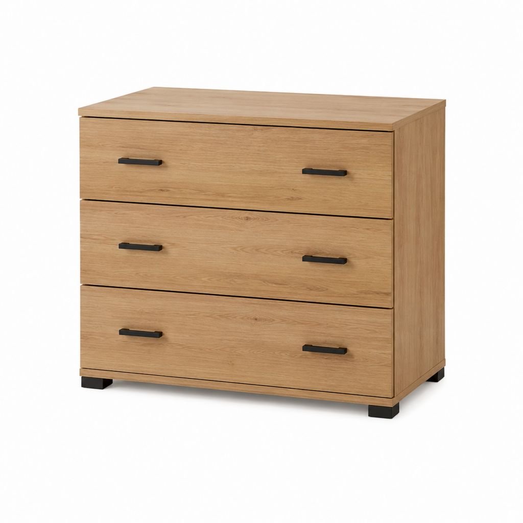 Commode basse rectangulaire 3 tiroirs chêne clair panneaux de particules 100 x 40 x 80 cm