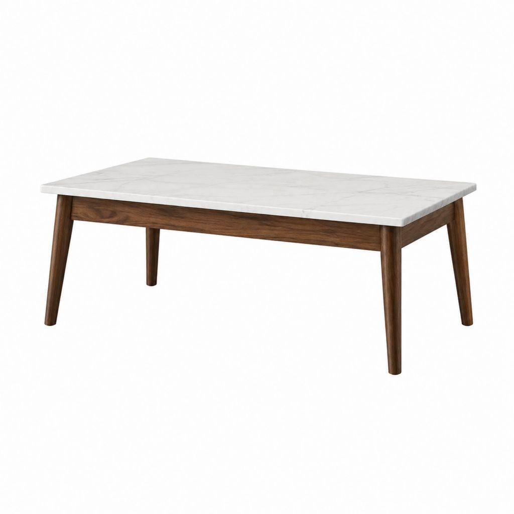 Table basse rectangulaire blanche et noyer en marbre et bois massif 120 x 60 x 45 cm