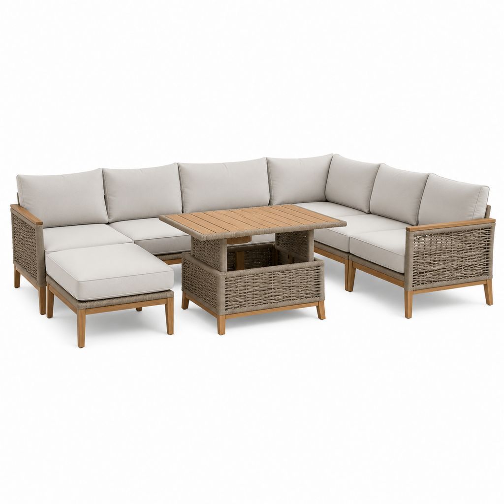 Salon de jardin d'angle 5 places avec table basse beige en bois d'acacia et corde tressée 255 x 255 x 78 cm