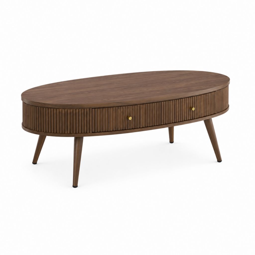 Table basse ovale avec 2 tiroirs marron noyer en MDF plaqué noyer 120 x 60 x 45 cm