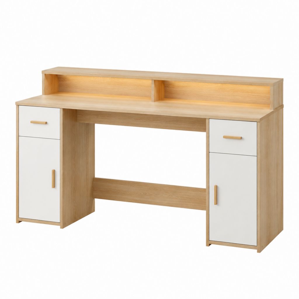 Bureau avec rangements chêne clair et blanc en panneaux de particules rectangulaire 150 x 60 x 100 cm