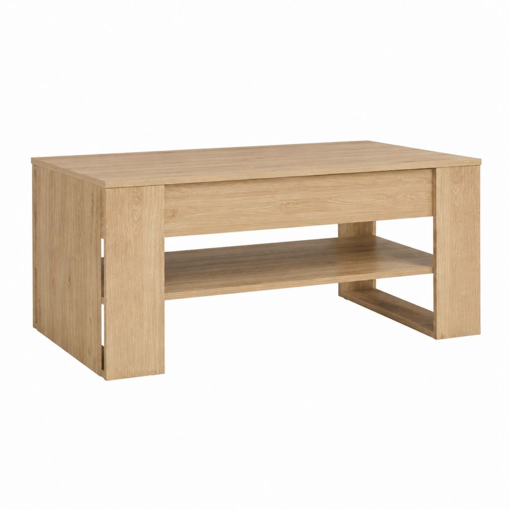Table basse rectangulaire chêne clair en panneaux de particules mélaminés 110 x 60 x 45 cm avec étagère