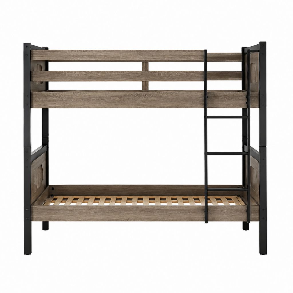 Lit superposé enfant 90 x 190 cm gris chêne et noir en panneaux de particules avec échelle