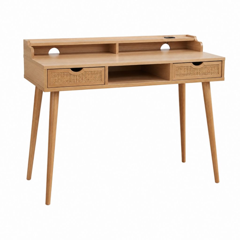 Bureau classique rectangulaire naturel en chêne massif et cannage avec 2 tiroirs 100 x 50 x 90 cm