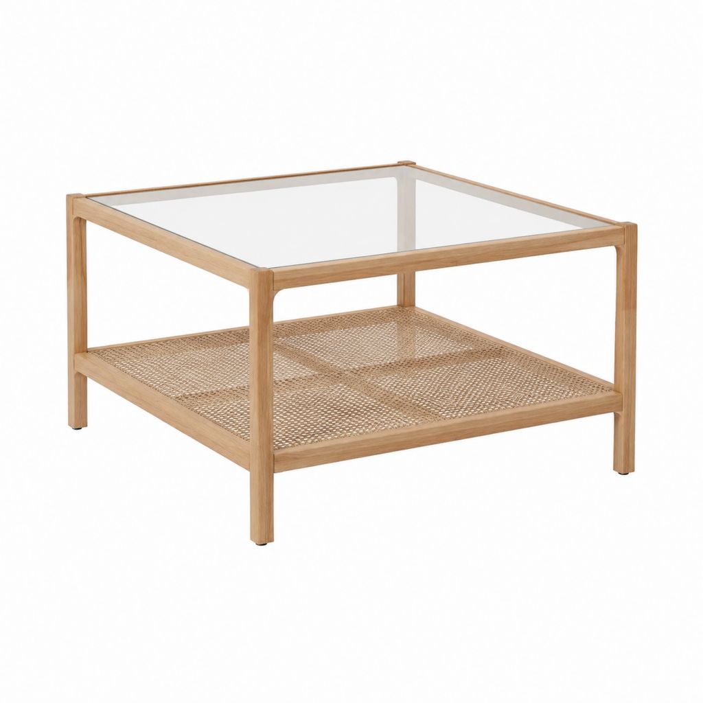 Table basse carrée beige en bois massif verre transparent et rotin 80 x 80 x 45 cm
