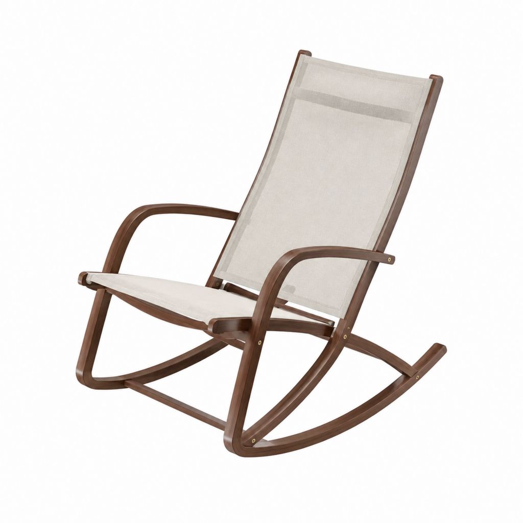 Fauteuil à bascule de jardin en bois massif brun et toile polyester beige 105 x 68 x 95 cm