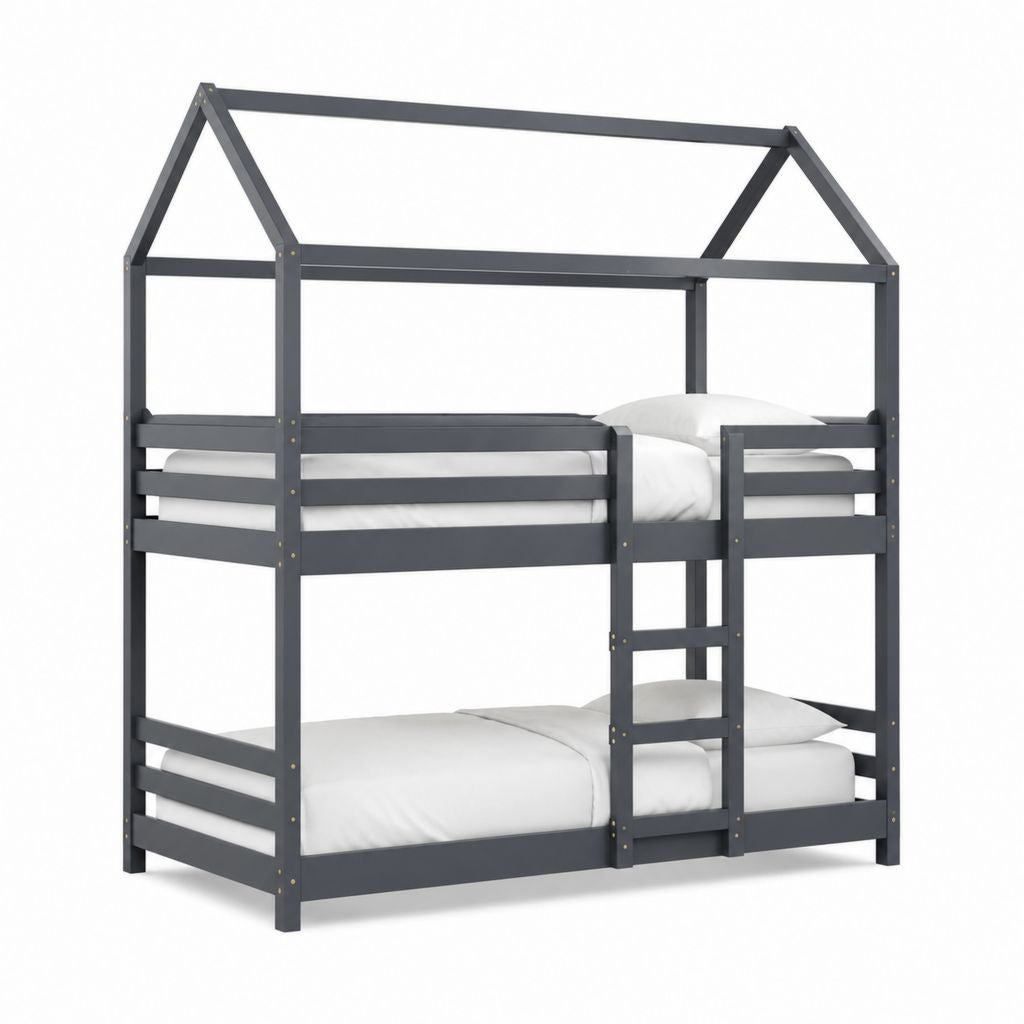 Lit superposé enfant cabane gris anthracite en pin massif 90 x 190 cm