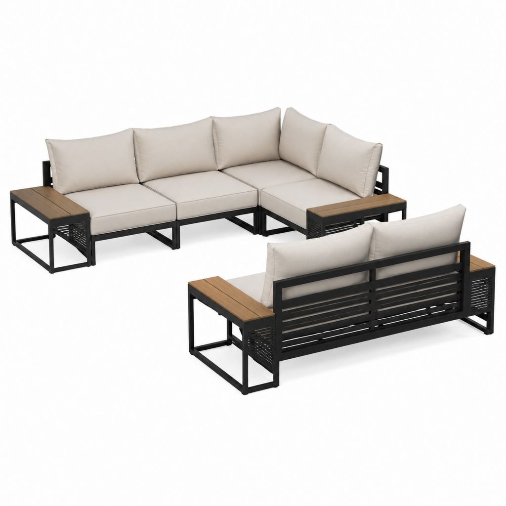 Salon de jardin d’angle 5 places beige en acier thermolaqué et composite bois plastique 230 x 230 x 75 cm