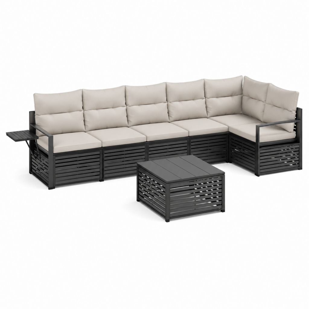 Salon de jardin d'angle 5 places avec table basse noir et beige en acier et polyester 280 x 210 x 75 cm