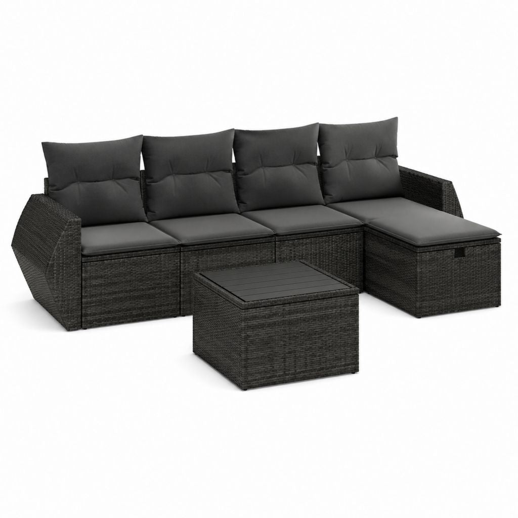Salon de jardin d’angle 4 places noir en résine tressée PE avec coussins et table basse 280 x 145 x 65 cm