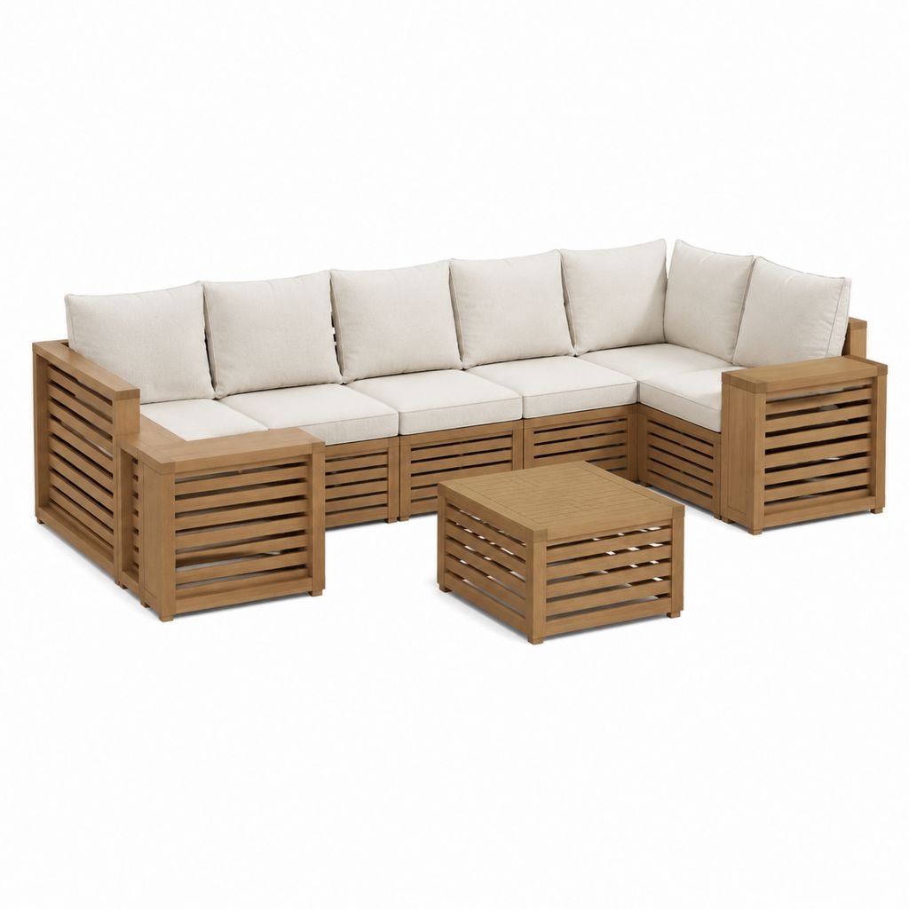 Salon de jardin modulable 7 pièces 6 places beige en acacia massif avec table basse 102 x 60 x 30 cm