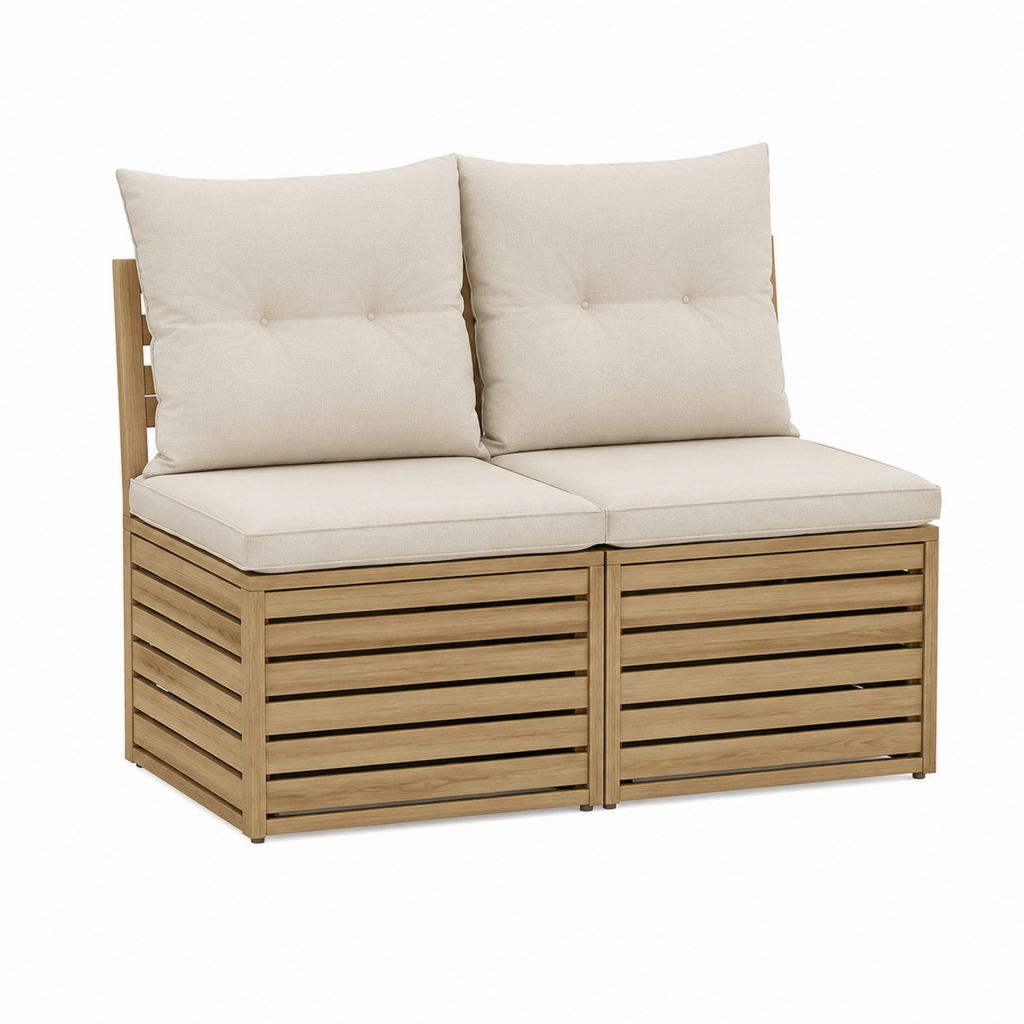 Canapé de jardin 2 places beige en acacia massif avec coussins 140 x 70 x 70 cm