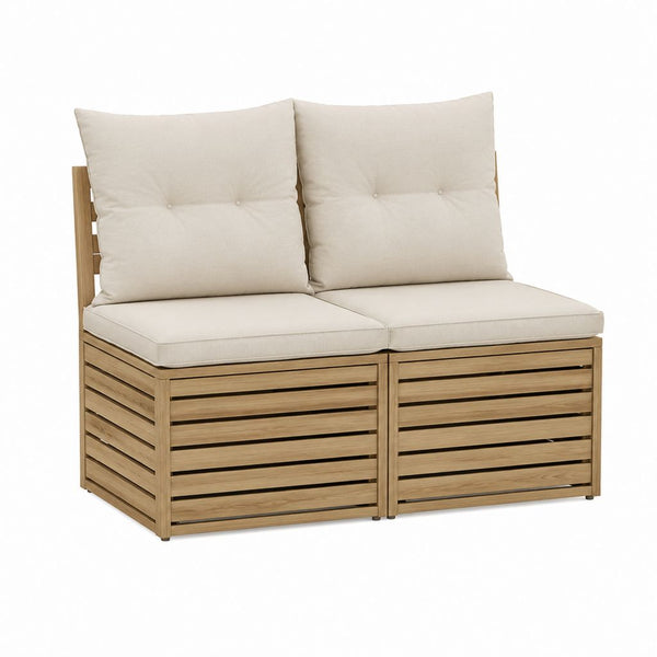 Canapé de jardin 2 places beige en acacia massif avec coussins 140 x 70 x 70 cm